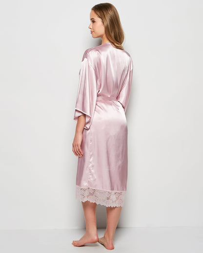 Satin Mid Length Robe with Lace in Iced Lilac