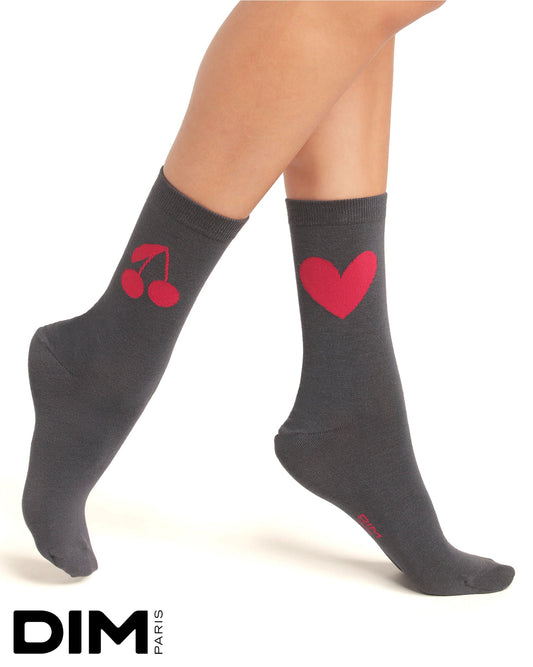 Crew Socks with Heart and Cherry in Dark Grey